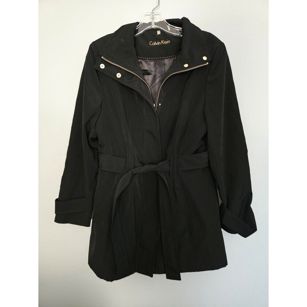 Calvin Klein Black Belted Rain Trench Coat Gold Hardware Snap Collar Womens M